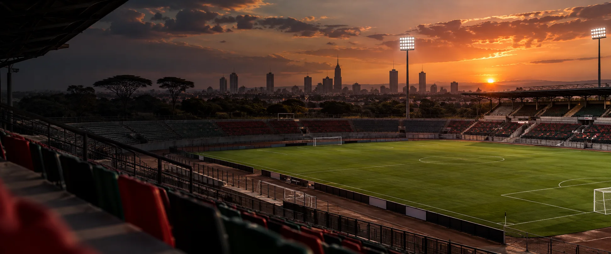 Editorial illustration of a mobile phone at an outdoor Nairobi café overlooking a football ground