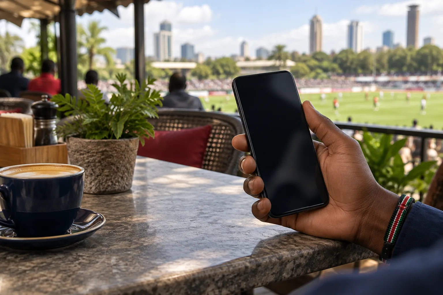 Editorial illustration of a football ground and Nairobi skyline at sunset